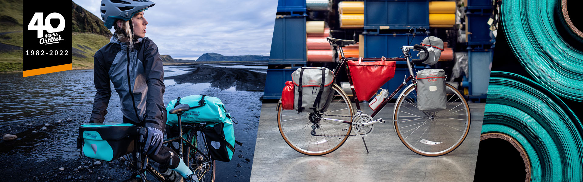 Drei-Bild-Panel zum 40-jährigen Jubiläum von ORTLIEB, 1982-2022. Linkes Panel zeigt einen Radfahrer mit Outdoor-Ausrüstung neben einem Fluss, mit ORTLIEB-Taschen am Fahrrad. Mittleres Panel zeigt ein Tourenrad mit ORTLIEB-Taschen in einer industriellen Umgebung. Rechtes Panel zeigt Rollen aus blau-grünem Stoff.