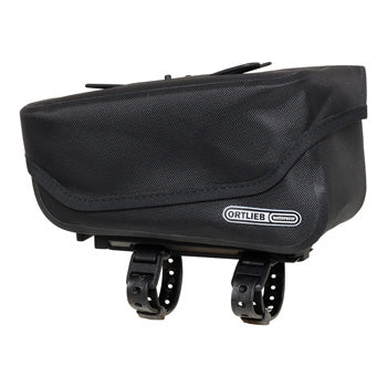 Compact and waterproof top tube bag with phone holder and magnetic lid closure for quick access