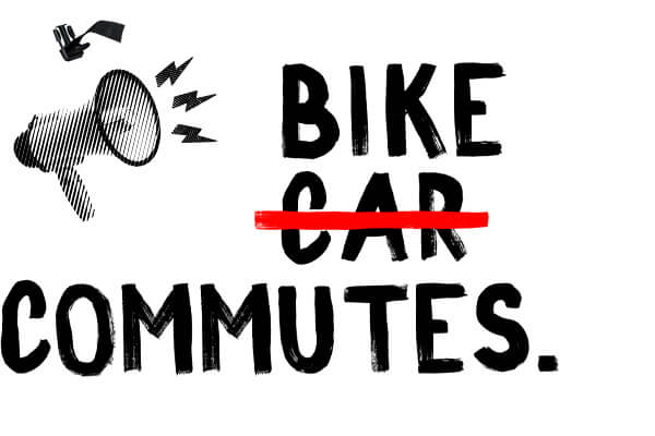 Graphic with a megaphone and bold text 'Bike Commutes,' with 'Car' crossed out in red, promoting sustainable commuting by bicycle.