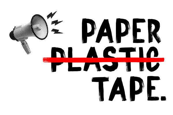 Graphic with a megaphone and bold text 'Paper Tape,' with 'Plastic' crossed out in red, promoting ORTLIEB’s switch to sustainable packaging materials.