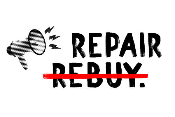 Graphic with a megaphone and bold text 'Repair, not Rebuy,' with 'Rebuy' crossed out in red, promoting ORTLIEB’s commitment to product longevity.