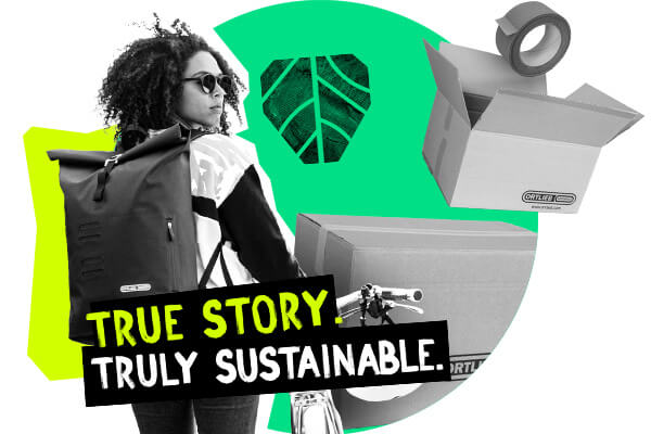 Graphic featuring a person wearing an ORTLIEB backpack with the text 'True Story: ORTLIEB Sustainability,' next to cardboard boxes and packaging tape, highlighting eco-friendly packaging.