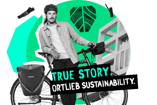 Graphic featuring a person standing beside a bicycle equipped with an ORTLIEB pannier bag, accompanied by the text 'True Story: ORTLIEB Sustainability.
