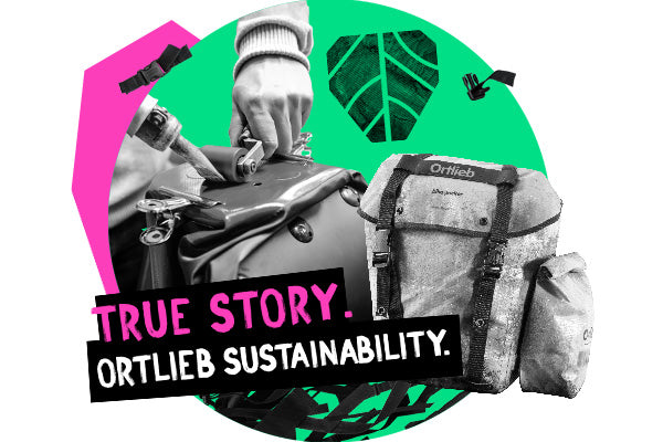 Graphic showing the repair of an ORTLIEB bag alongside the text 'True Story: ORTLIEB Sustainability,' highlighting the brand’s repair services for durability